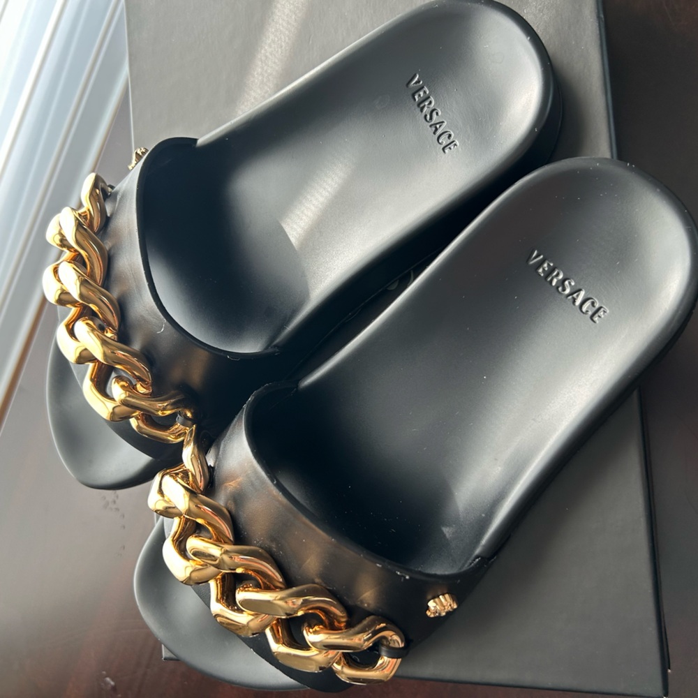 Versace Black and Gold Chain Slide Sandals